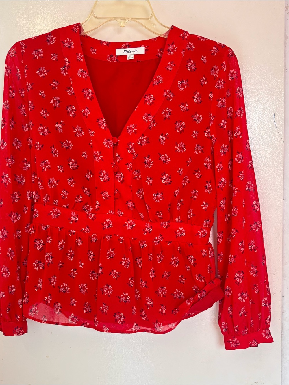 Madewell Red Floral V-Neck Peplum Top
